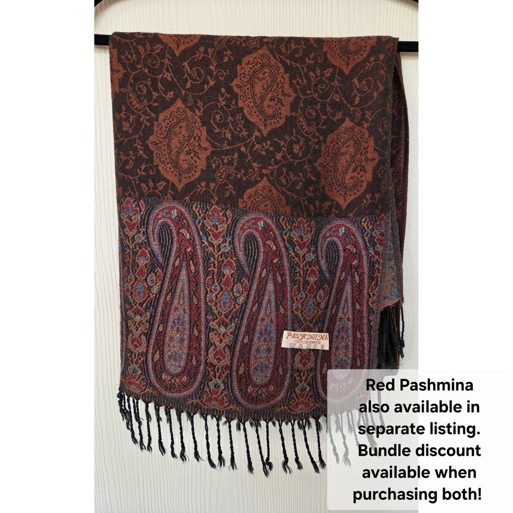Pashmina Cashmere Silk Paisley Scarf Shawl Olive Green Gold Luxury Old Money - Picture 5 of 5